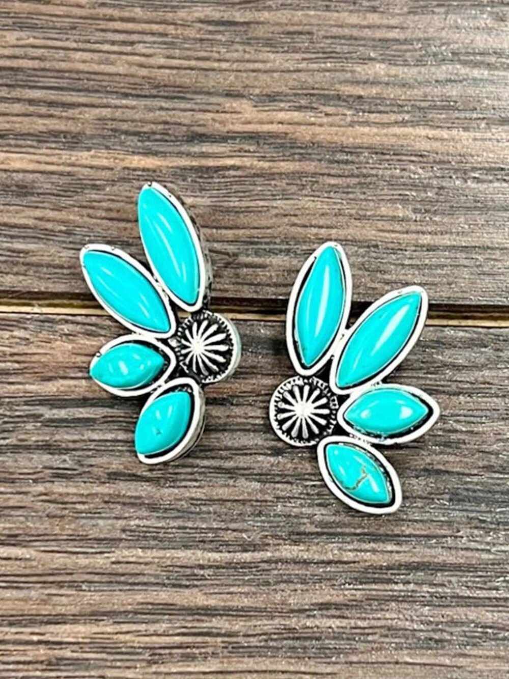 Turquoise Cluster Stud Earrings Western Boho Silver Tone Cowgirl Jewelry